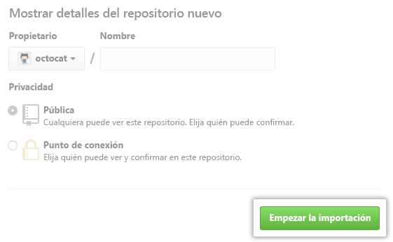 Captura de pantalla del botón Iniciar importación para importar un repositorio nuevo.