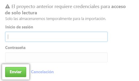 Captura de pantalla de la ubicación para introducir las credenciales del importador del repositorio antiguo.