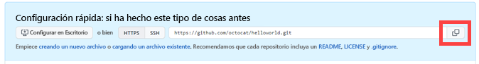 Captura de pantalla de la copia de la URL del repositorio remoto