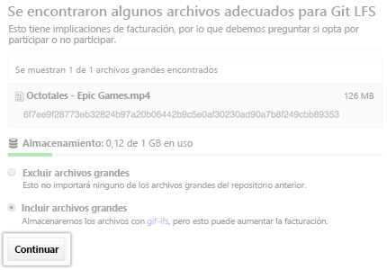 Captura de pantalla de los archivos adecuados para el importador Git LFS.