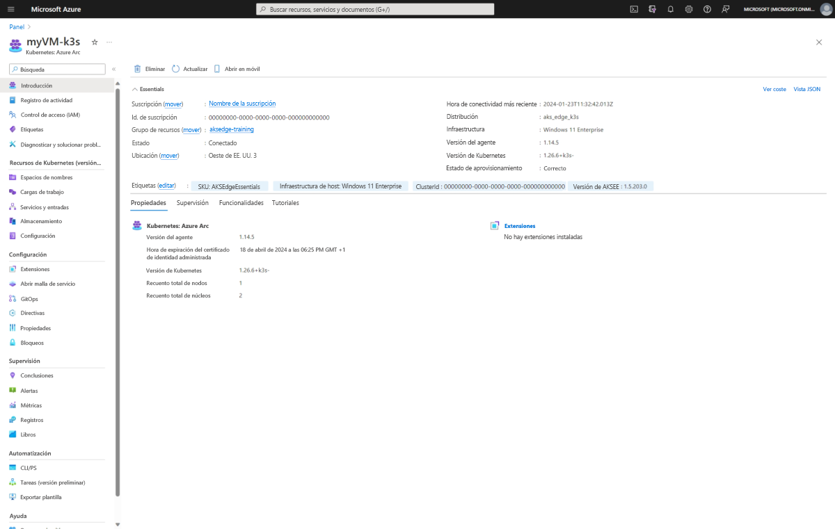 Screenshot of AKS Edge Essentials Kubernetes Azure Arc resource in Azure portal.