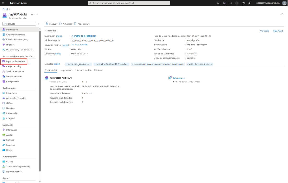 Recorte de pantalla del recurso de Kubernetes Azure Arc de AKS Edge Essentials en Azure Portal con los espacios de nombres resaltados.