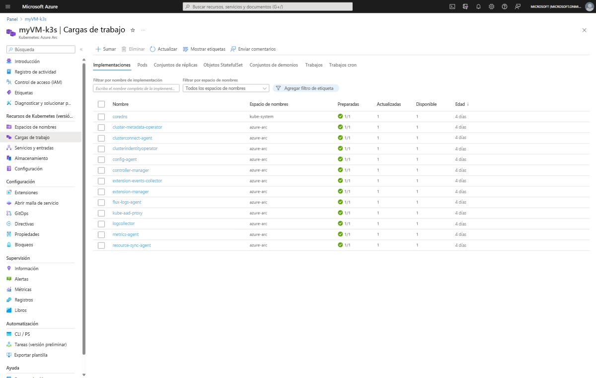 Recorte de pantalla de las cargas de trabajo de Kubernetes Azure Arc de AKS Edge Essentials en Azure Portal.