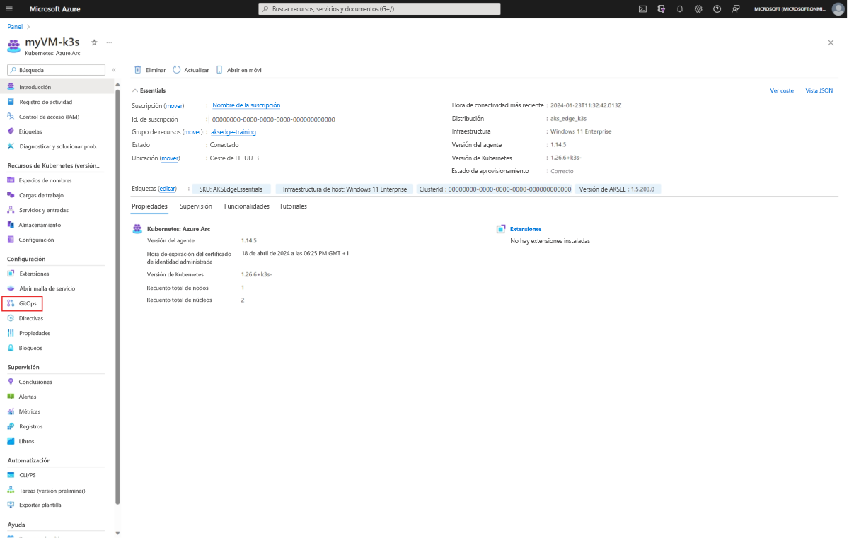 Screenshot of AKS Edge Essentials Kubernetes Azure Arc resource in Azure portal, with GitOps highlight.