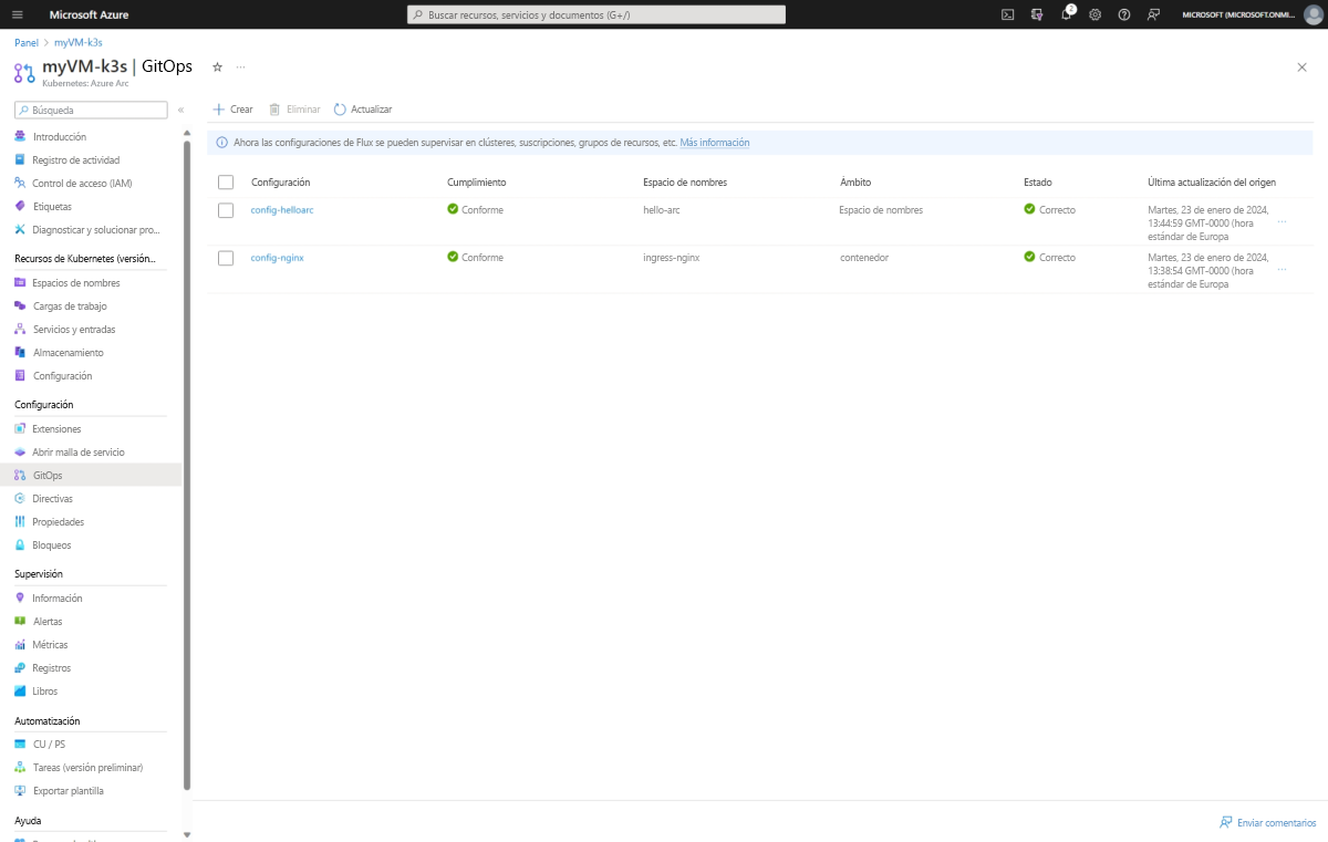 Screenshot of cluster-level and namespace-level configurations in Azure portal.