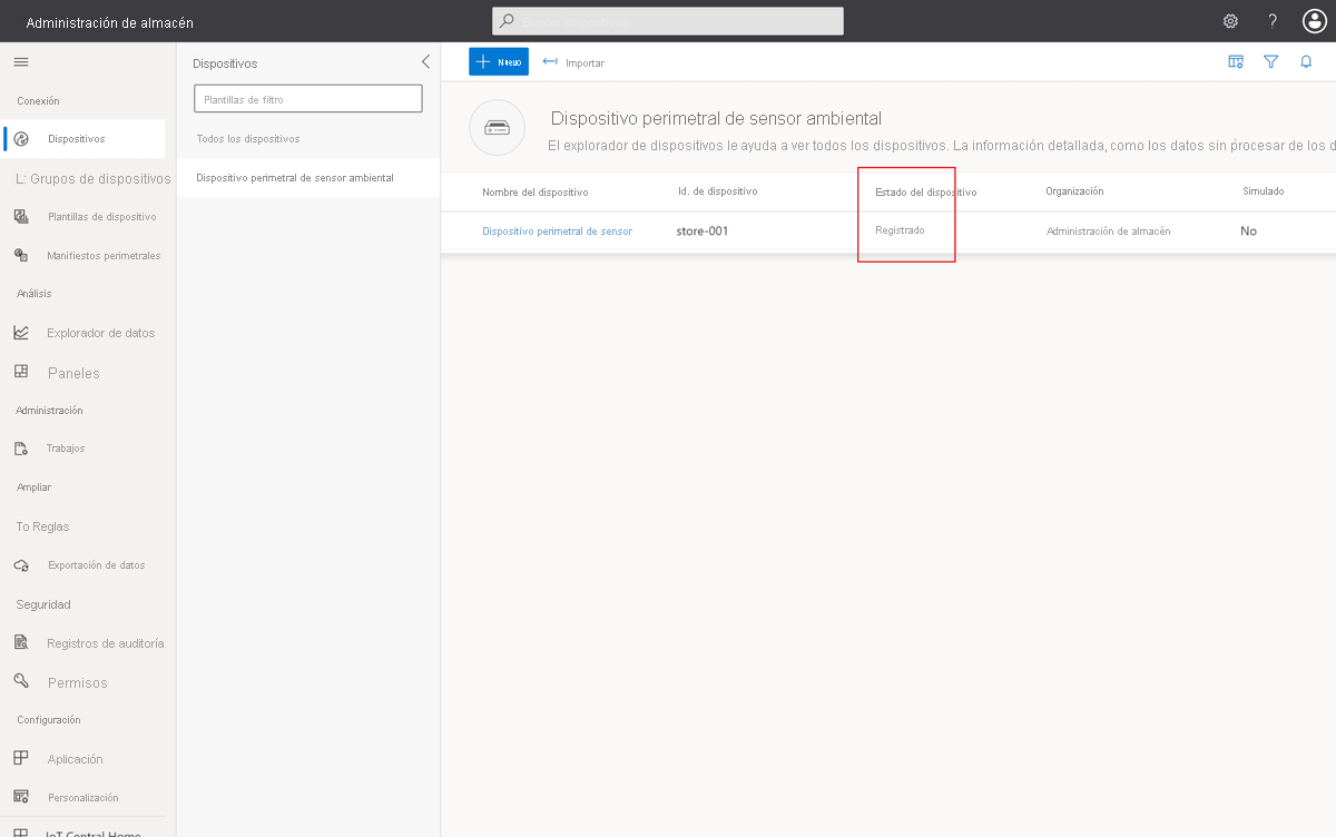 Captura de pantalla que muestra el dispositivo registrado en la lista de dispositivos.