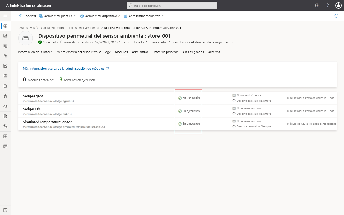 Captura de pantalla que muestra tres módulos en ejecución en el dispositivo de IoT Edge.