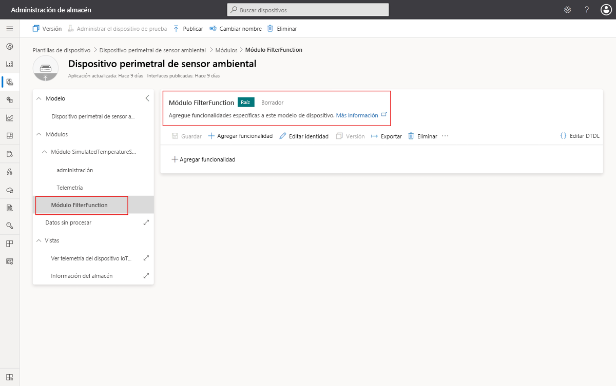 Captura de pantalla que muestra el módulo FilterFunction agregado a la plantilla de dispositivo.