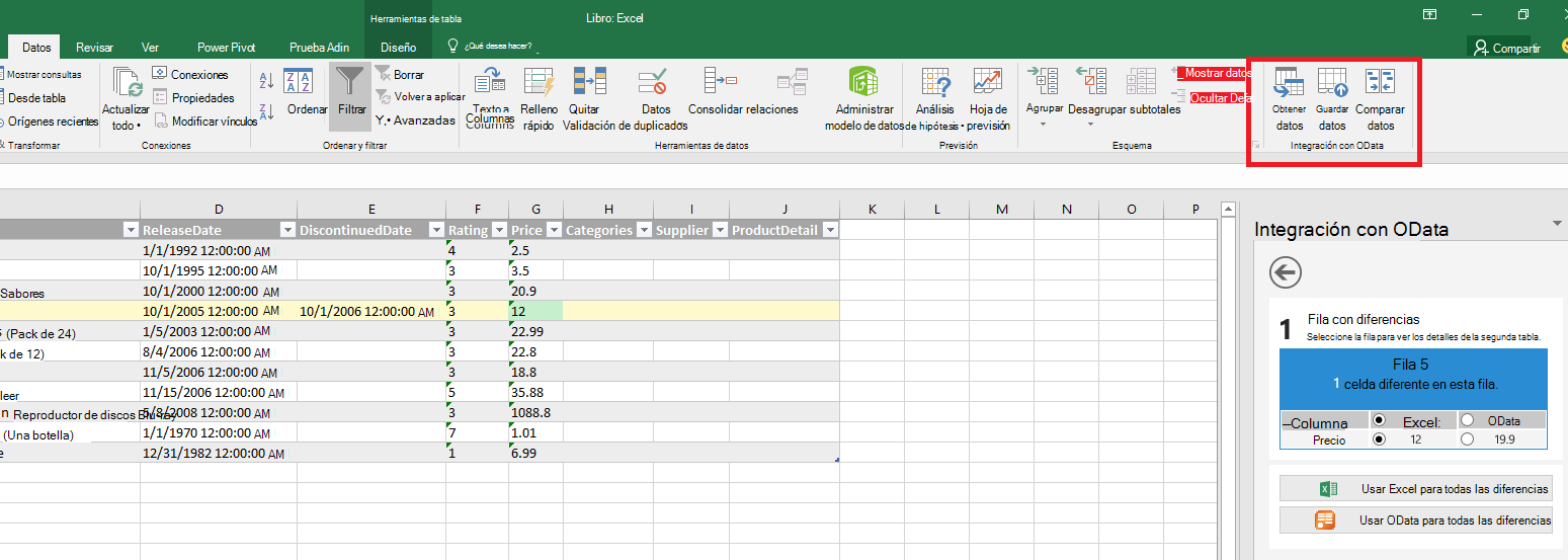 Captura de pantalla de los comandos de complemento en Excel.