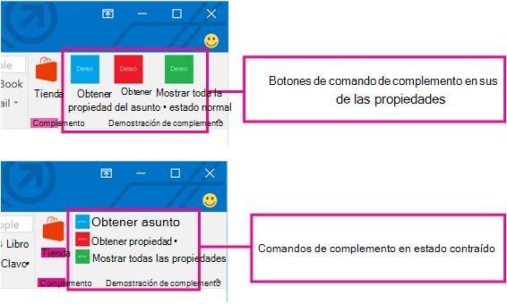 Captura de pantalla de los comandos de complemento en Outlook.