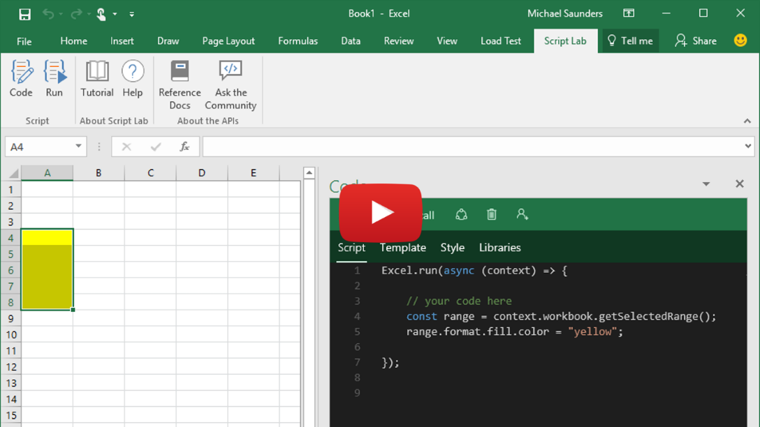 Vídeo en versión preliminar en el que se muestra script lab en ejecución en Excel, Word y PowerPoint.