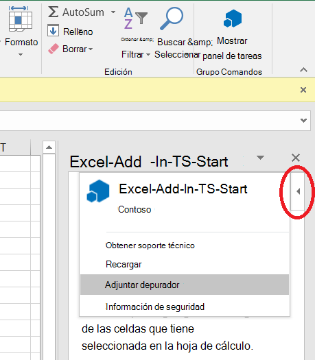 Captura de pantalla del menú de personalidad que muestra el elemento Adjuntar depurador en Excel en Windows.