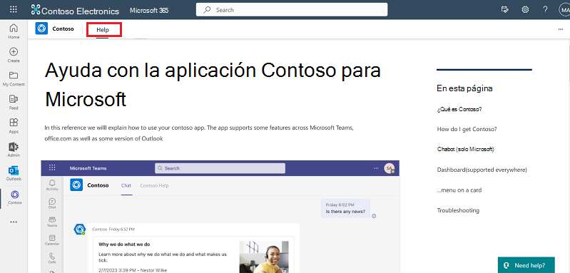 Captura de pantalla que muestra la aplicación Contoso en Microsoft 365.