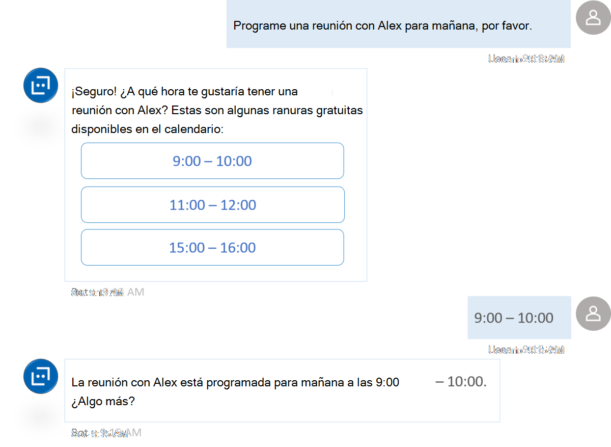 Captura de pantalla en la que se muestra un bot de chat que consume la API de calendario de Outlook de Microsoft Graph como una solución de productividad.