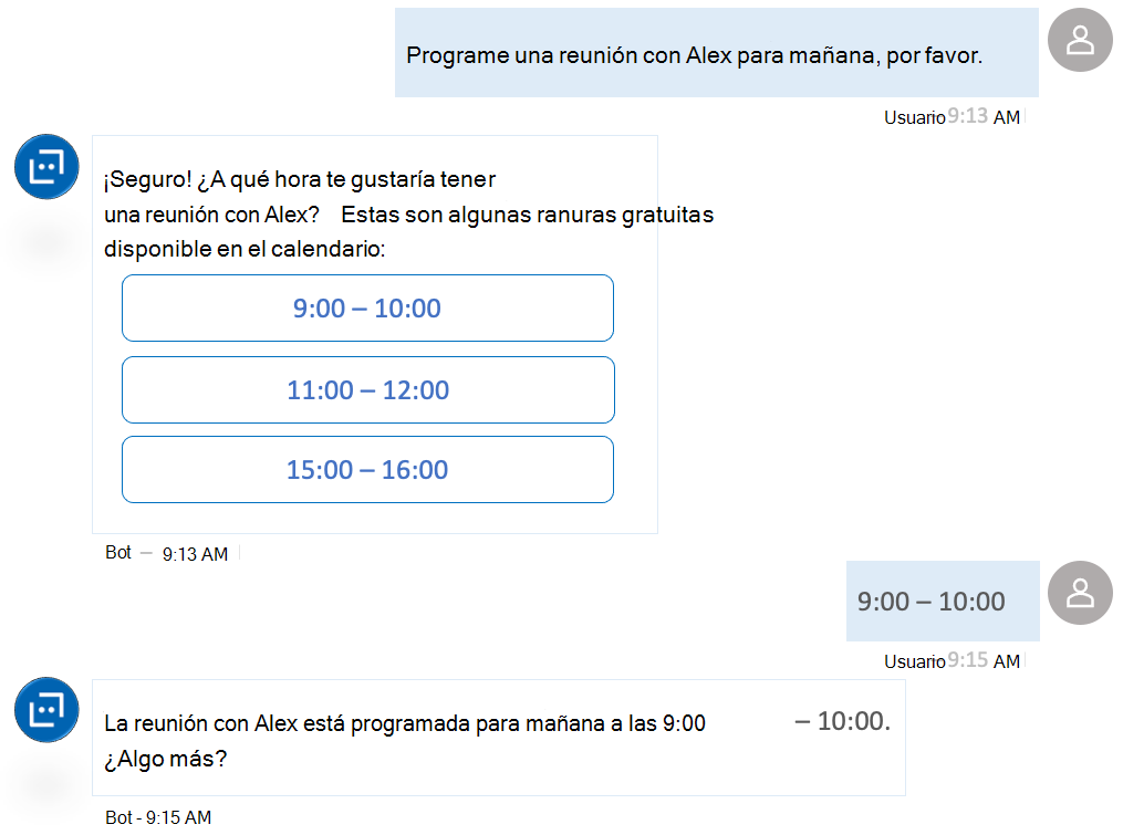 Recorte de pantalla en el que se muestra un bot de chat que consume la API de calendario de Outlook de Microsoft Graph como una solución de productividad.