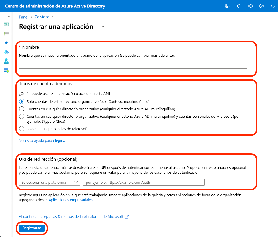 Captura de pantalla que muestra las selecciones para registrar una aplicación en Microsoft Entra ID.