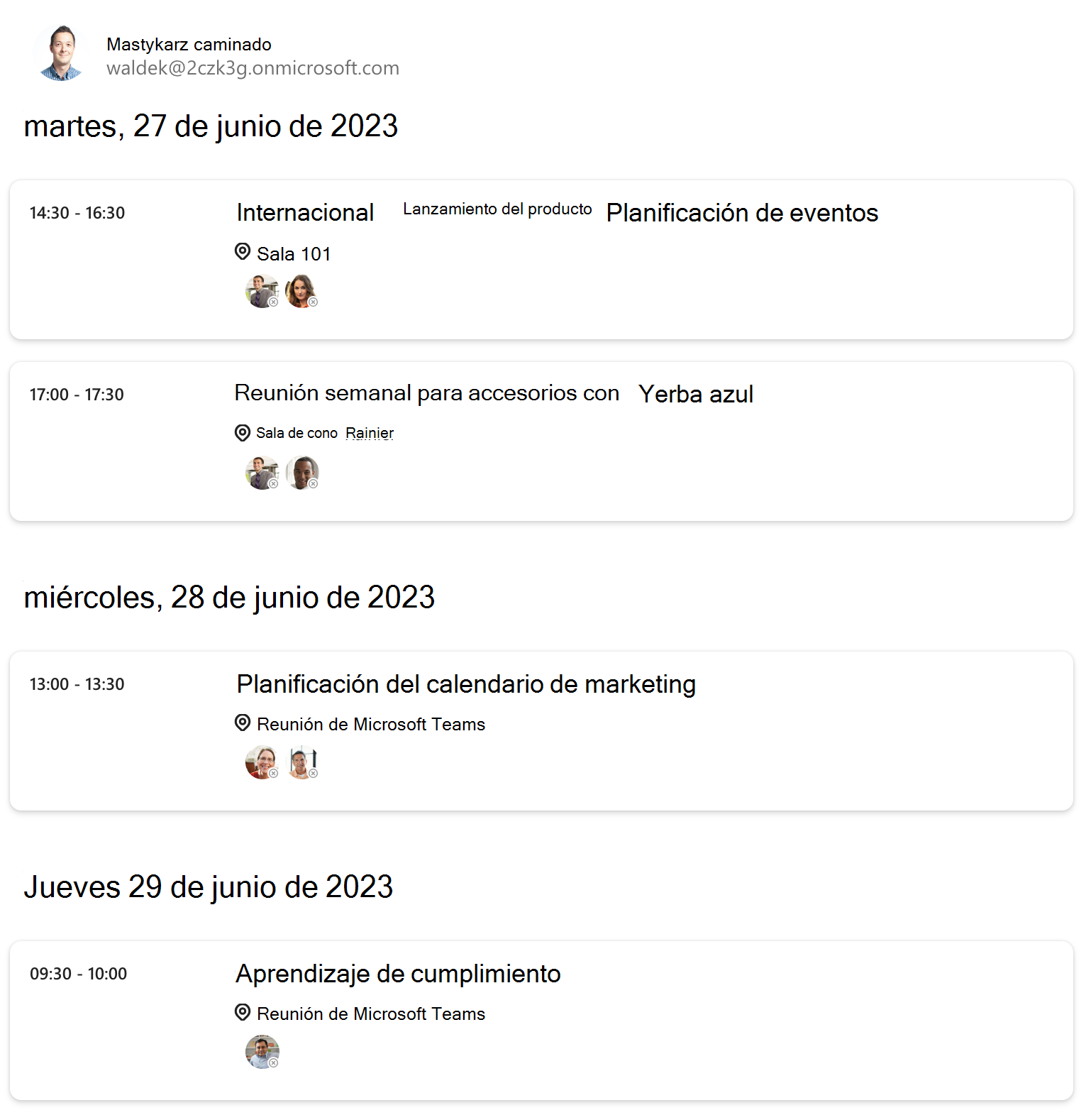 Comportamiento del Componente agenda del Kit de herramientas de Microsoft Graph con atributos.