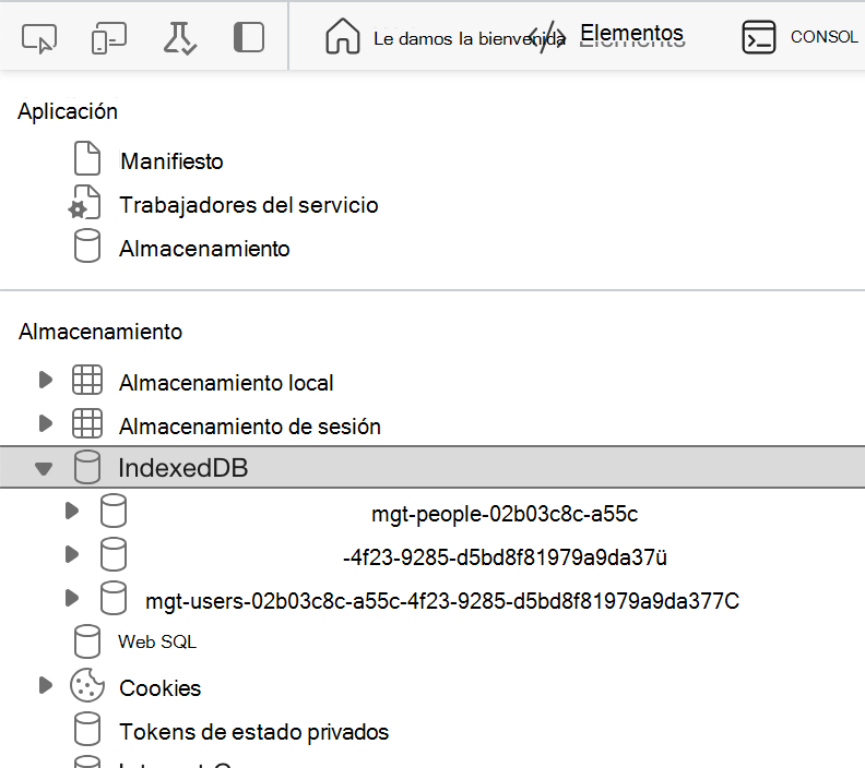 Captura de pantalla de la sección IndexedDB con los datos resaltados en las herramientas de desarrollo del explorador.