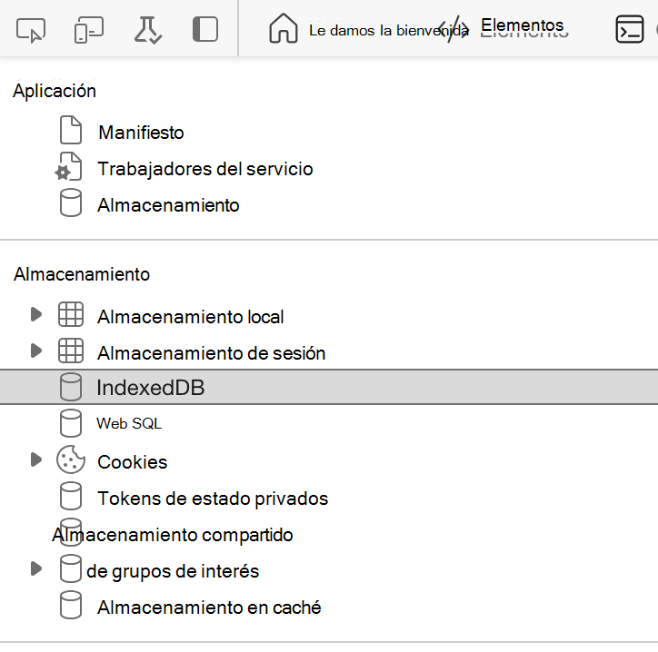 Captura de pantalla de la sección IndexedDB sin los datos resaltados en las herramientas de desarrollo del explorador.