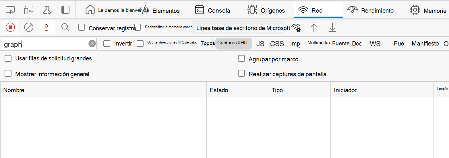Captura de pantalla que muestra la pestaña Red sin ninguna solicitud abierta en las herramientas de desarrollo del explorador.