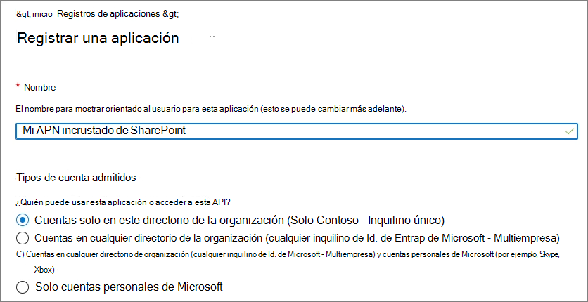 Captura de pantalla de la creación de una nueva aplicación de identificador de Microsoft Entra de un solo inquilino.