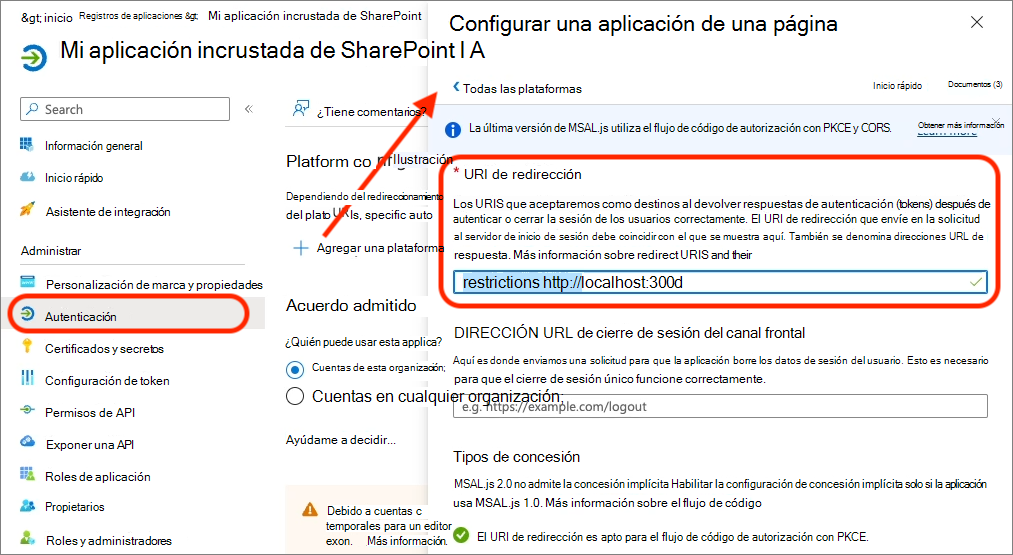 Captura de pantalla de Configuración de la autenticación de la aplicación Entra ID para un SPA.