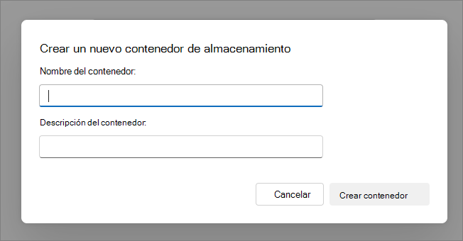 Captura de pantalla del cuadro de diálogo para crear un nuevo contenedor.