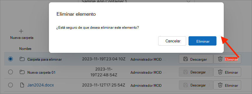 Captura de pantalla que muestra la funcionalidad de eliminación de elementos de un contenedor.