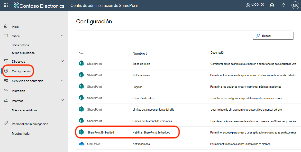 Captura de pantalla de la página Configuración del Centro de administración de SharePoint.