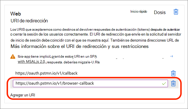 Captura de pantalla que agrega un segundo URI de redireccionamiento a la plataforma web.