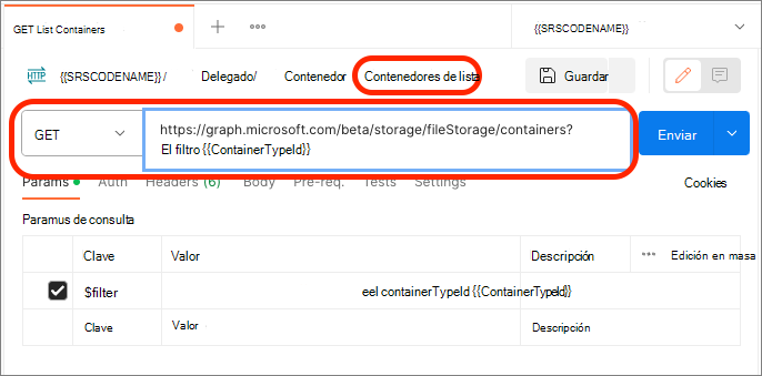 Captura de pantalla de la solicitud List Containers.