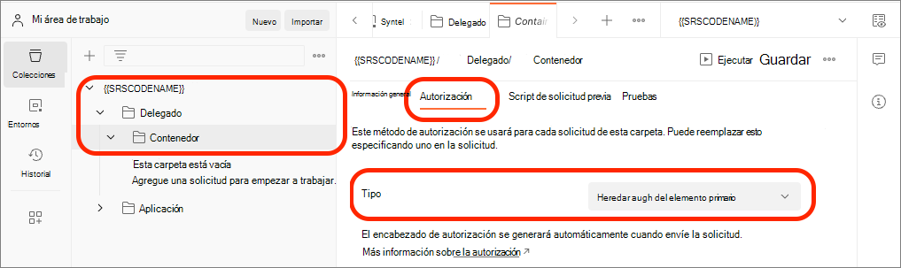 Captura de pantalla de la configuración de autenticación de la carpeta delegada en Postman.