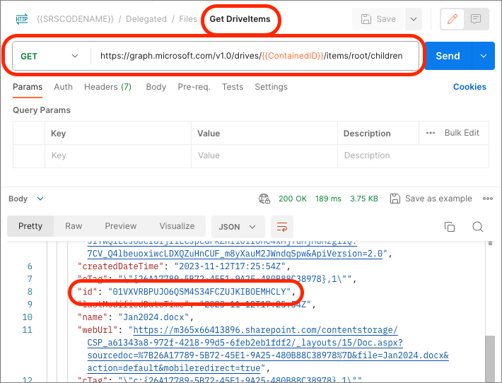 Captura de pantalla que muestra los contenidos del contenedor mediante el punto de conexión DriveItems de Microsoft Graph.