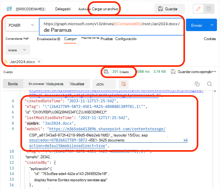 Captura de pantalla que muestra los resultados de cargar un archivo en un contenedor mediante el punto de conexión Unidades de Microsoft Graph.