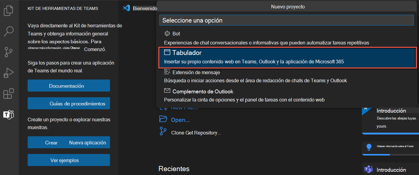 Captura de pantalla de la opción Kit de herramientas de Teams para tabular aplicación.