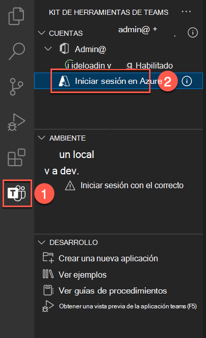 Captura de pantalla del panel Kit de herramientas de Teams con el botón para iniciar sesión en Azure.