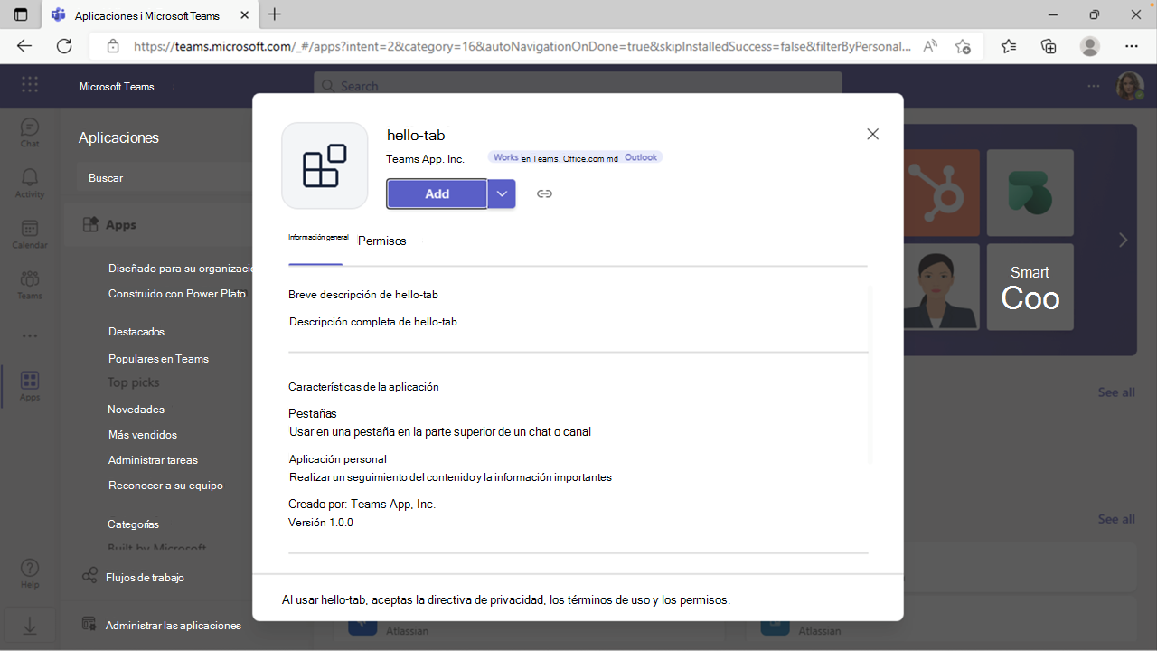 Captura de pantalla que muestra cómo agregar una aplicación en Microsoft Teams.