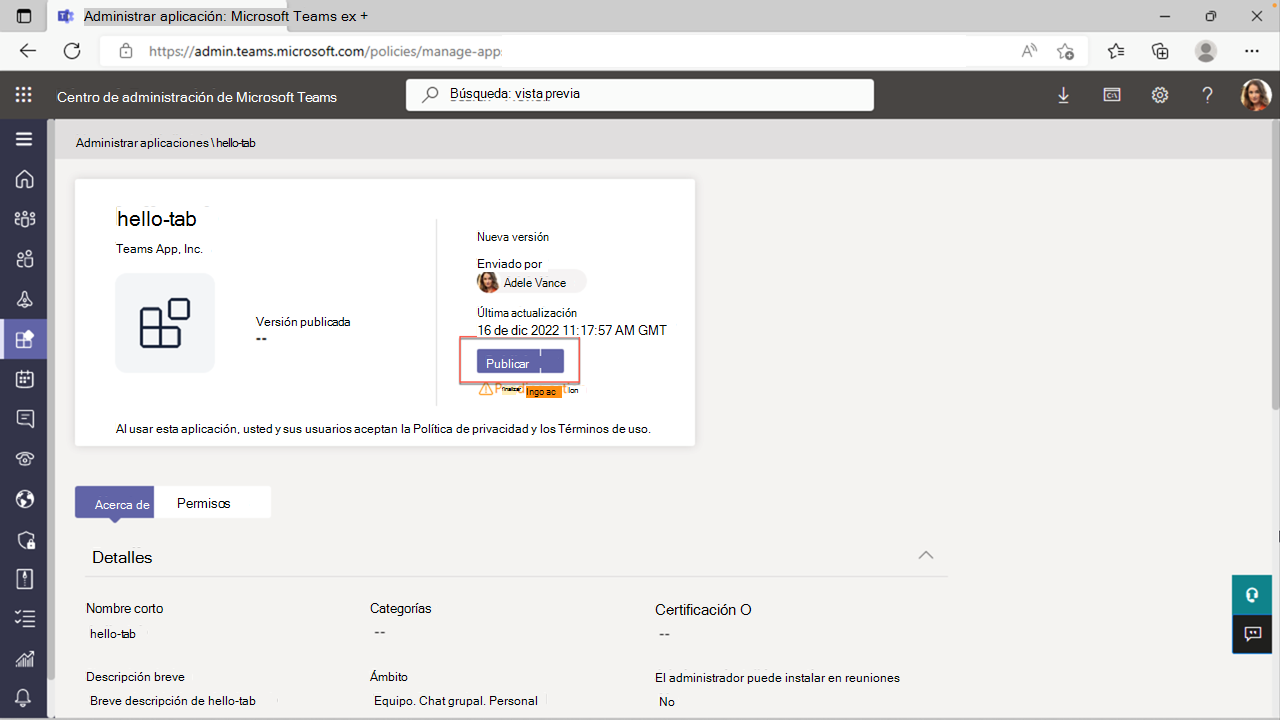 Captura de pantalla de la publicación de la aplicación en el Centro de administración de Teams.