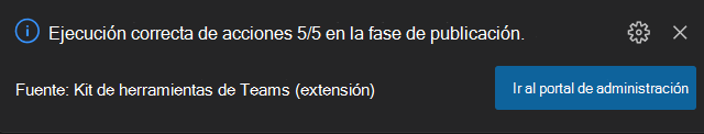 Captura de pantalla del mensaje del sistema cuando la aplicación se publica en el almacén de la organización.