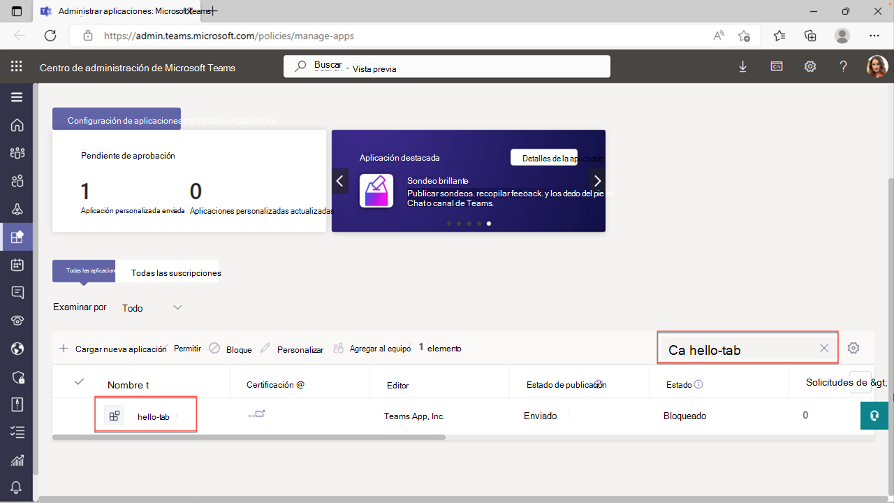 Captura de pantalla que muestra la búsqueda de la aplicación en el Centro de administración de Teams.