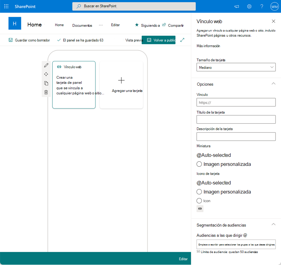  Panel de propiedades de la extensión de tarjeta adaptable con opciones de configuración.