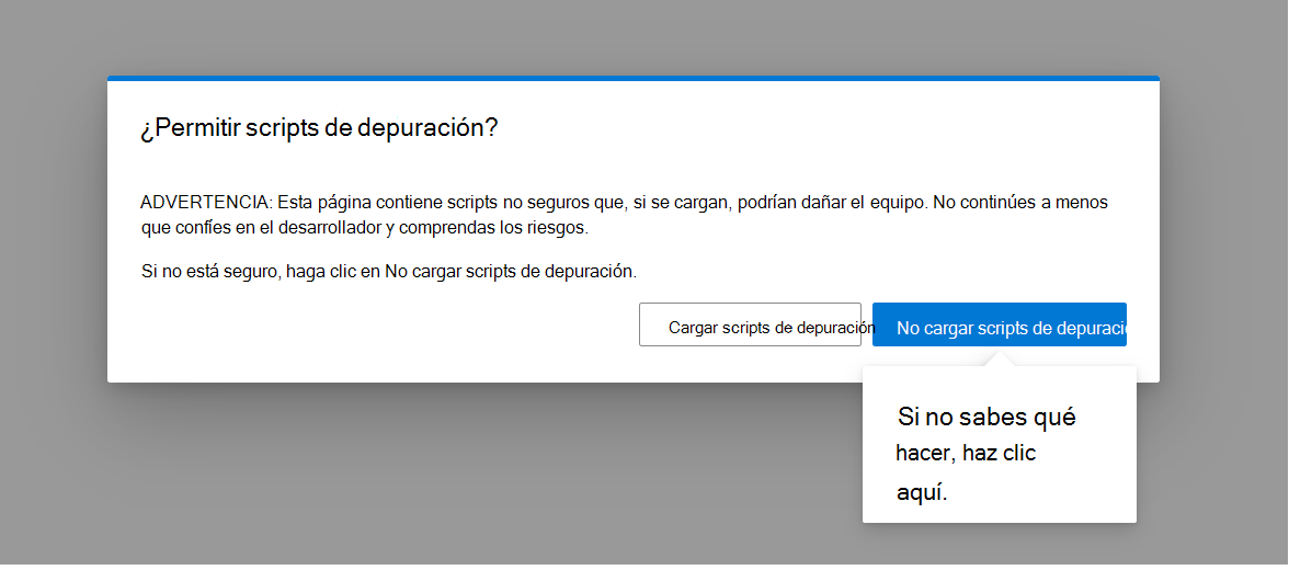 Screenshot que muestra un mensaje de SharePoint para confirmar la carga de scripts de depuración.