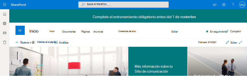 Pantalla de un personalizador de aplicación personalizada que muestra los anuncios de la empresa en una página de SharePoint.