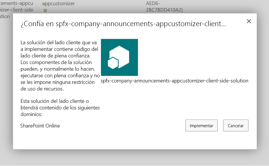 Catálogo de aplicaciones de SharePoint para confirmar la implementación del paquete de solución cargado