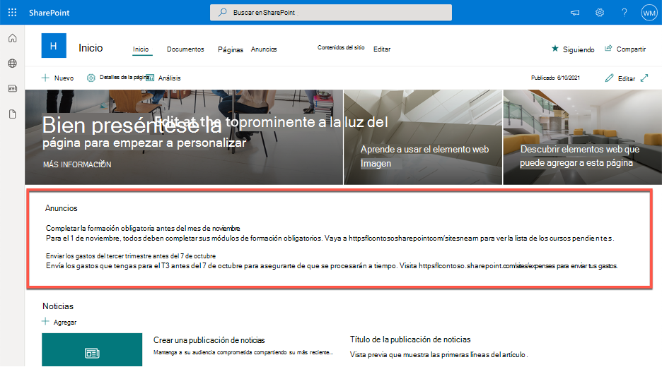 Captura de pantalla que muestra una parte web personalizada con anuncios de la empresa destacados en una página de SharePoint.