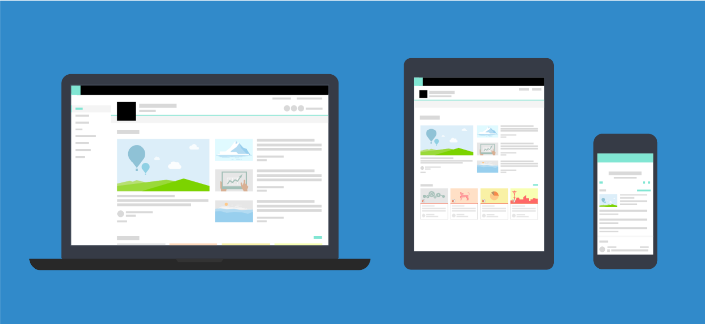 Captura de pantalla conceptual que muestra cómo las páginas de SharePoint se adaptan a los dispositivos de escritorio, tabletas y móviles.