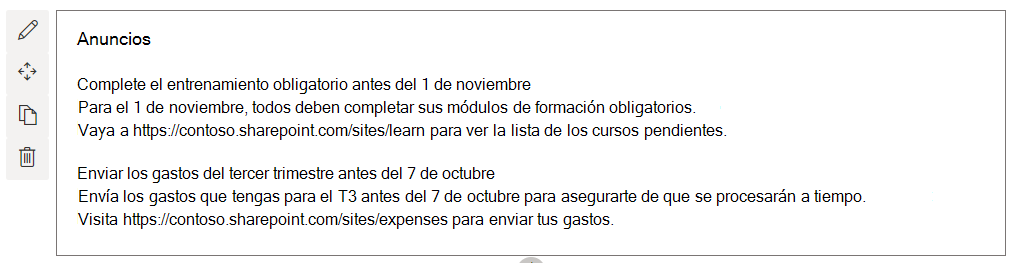 Captura de pantalla que muestra la parte web para los anuncios de la empresa que muestra los anuncios en el banco de trabajo de SharePoint.