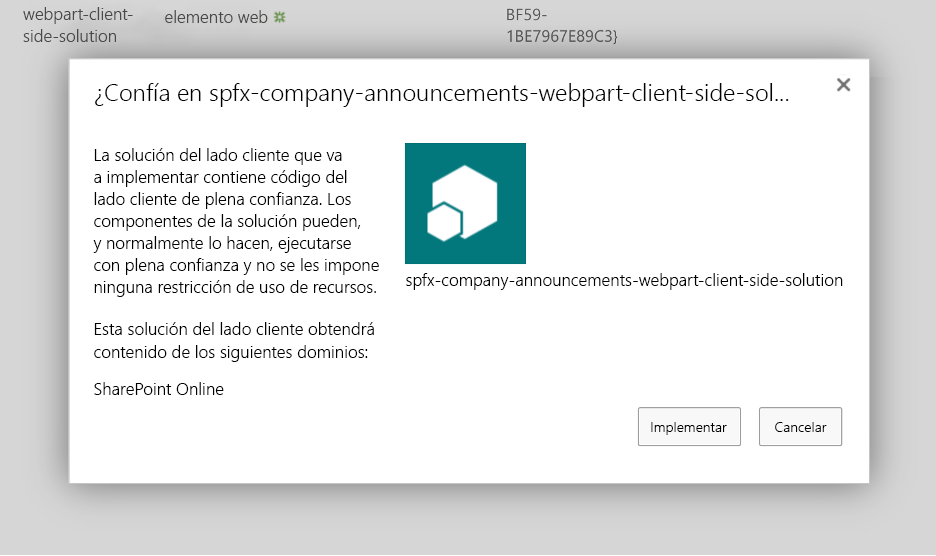 Captura de pantalla del aviso del catálogo de aplicaciones de SharePoint para confirmar la implementación del paquete de soluciones cargado.