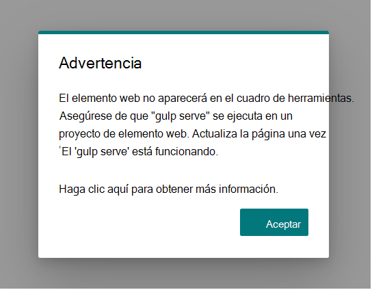 Captura de pantalla de la mesa de trabajo de SharePoint que muestra un mensaje de advertencia sobre la imposibilidad de cargar el manifiesto local.