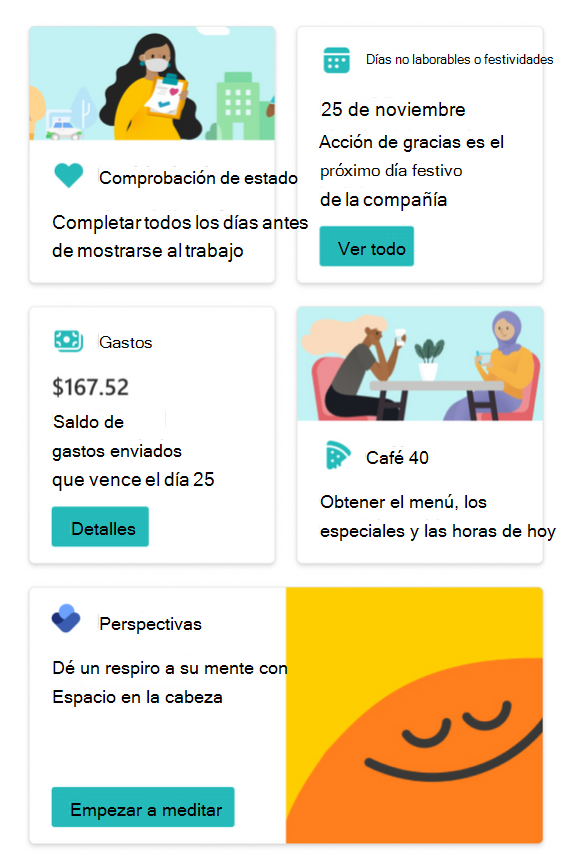 Captura de pantalla que muestra extensiones de tarjeta adaptables de ejemplo.